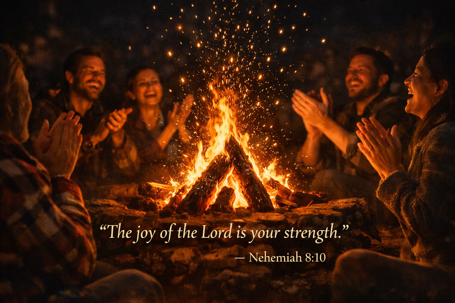 Bible verse wallpaper Nehemiah 8:10 with bonfire at night surrounded by clapping hands with sparks rising like stars